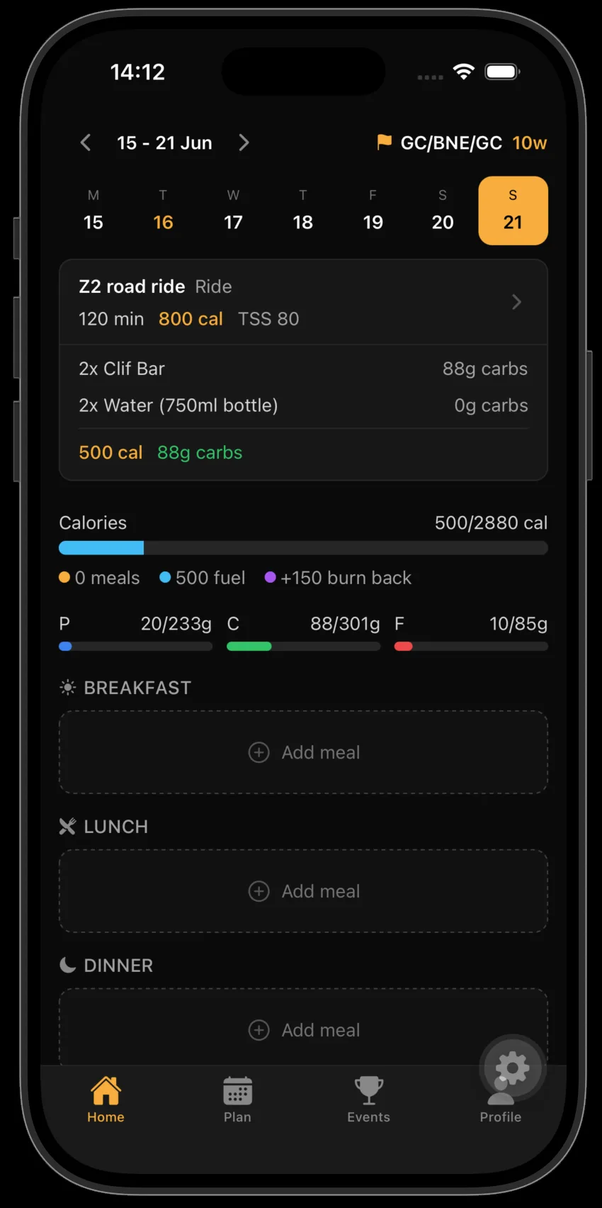 MacroBurn home screen showing planned workout fuel consolidated on the workout card, with repeated items grouped by quantity and calories and carbs totalled