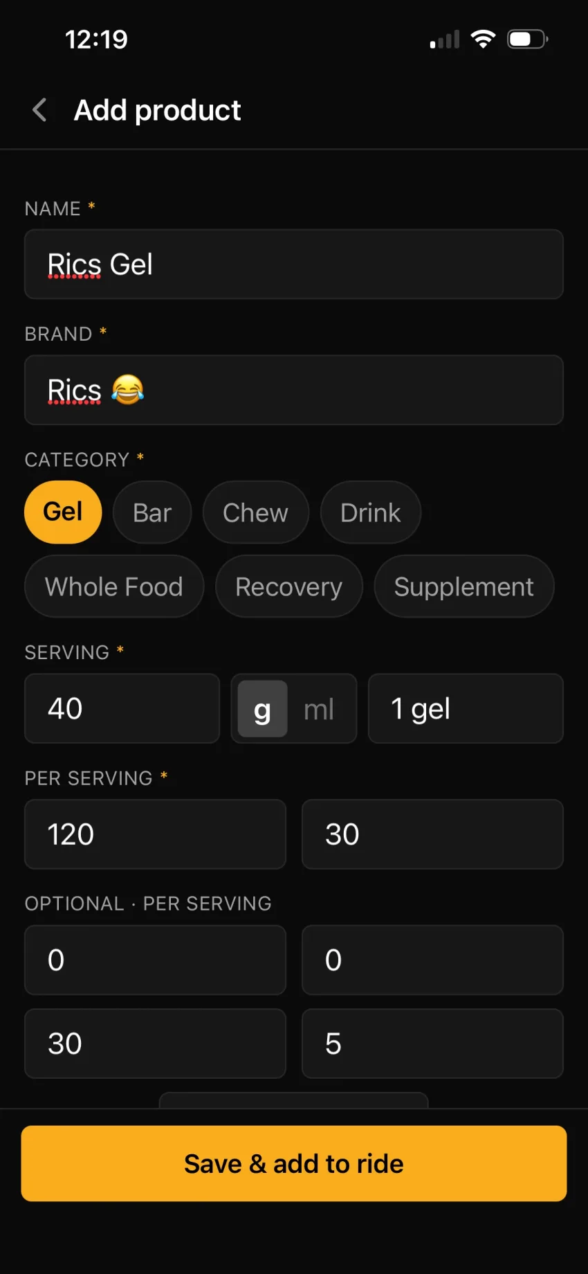 MacroBurn's Add product form for creating your own fuel, with name and brand fields, category chips for gel, bar, chew, drink, whole food, recovery and supplement, and per-serving fields for calories, carbs, sodium and caffeine