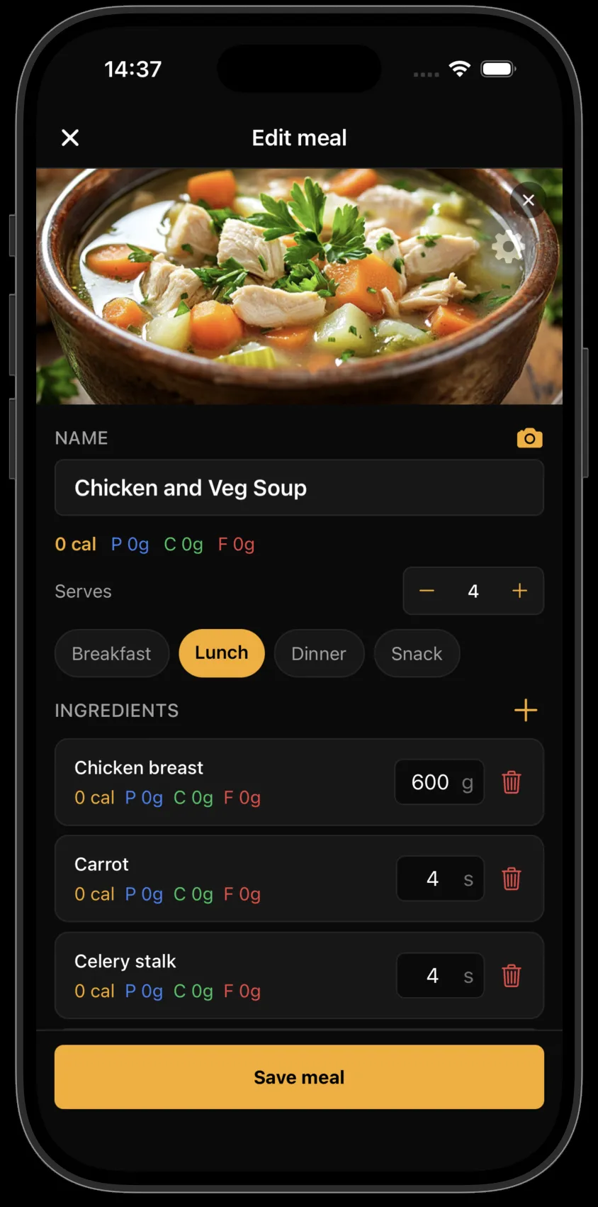 MacroBurn's Edit meal screen for Chicken and Veg Soup, showing the meal photo, a serves counter set to 4, meal-type chips with Lunch selected, and an ingredient list of chicken breast, carrot and celery with editable amounts and delete buttons